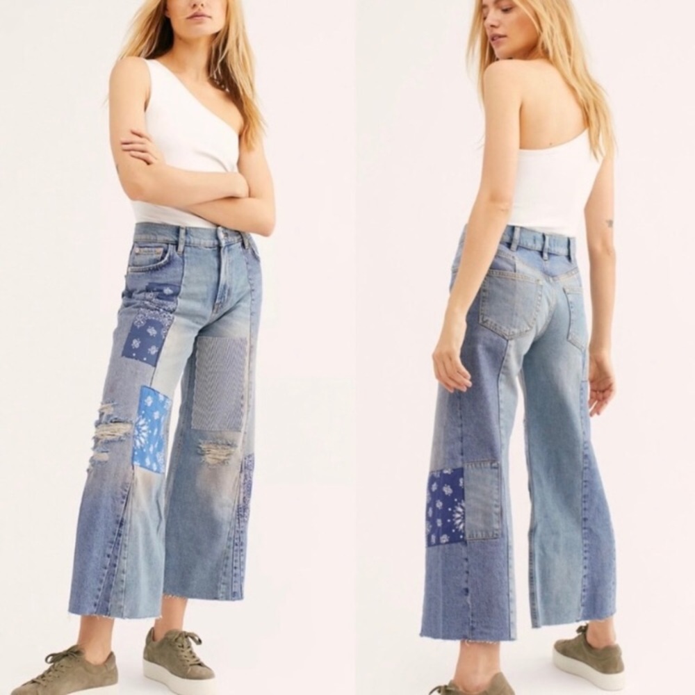 Free People Heart Of Gold Wide Leg Patch Jeans